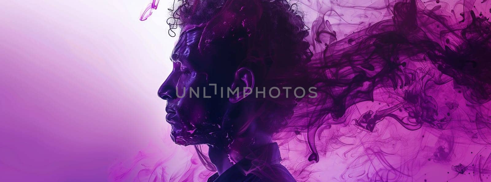 Aura energy. Inner harmony. Spiritual contemplation. Double exposure profile silhouette of man face with purple blue pink color smoke isolated on white copy space. by Andelov13