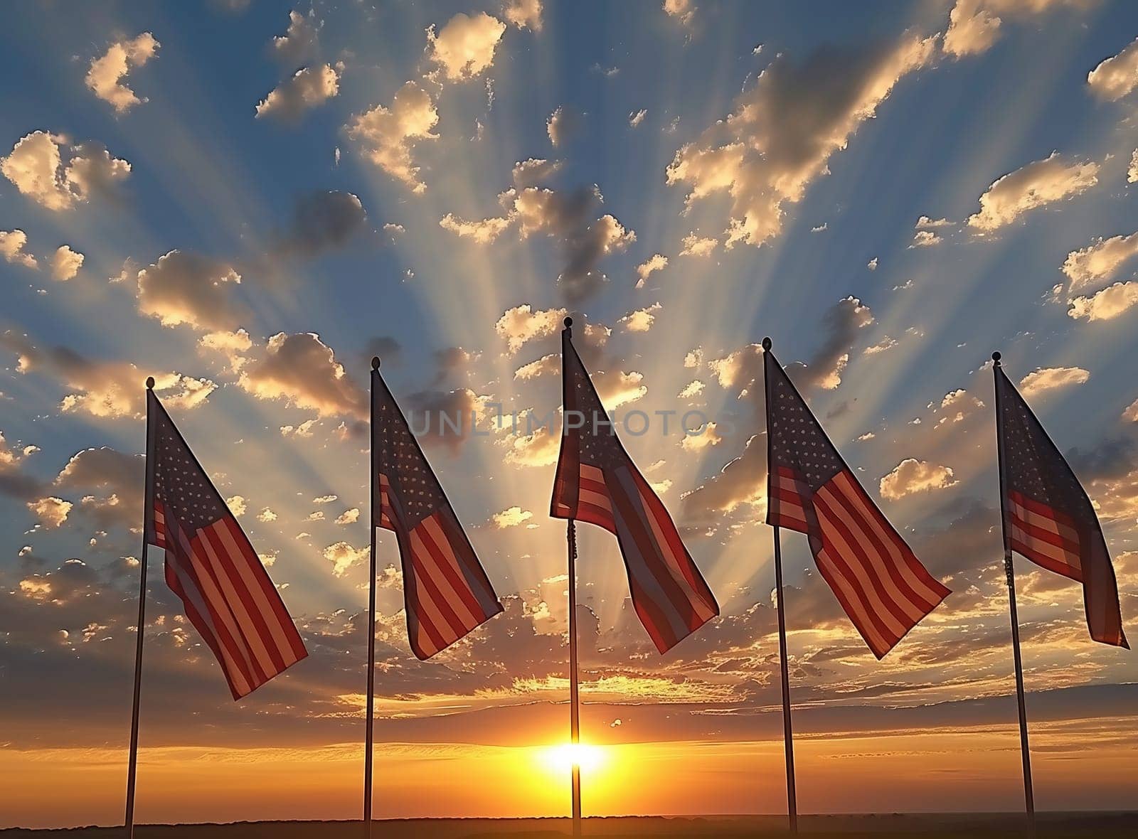 cute many USA flags on sunset placed diagonal with selective focus and space for text - any holiday flag 3d illustration