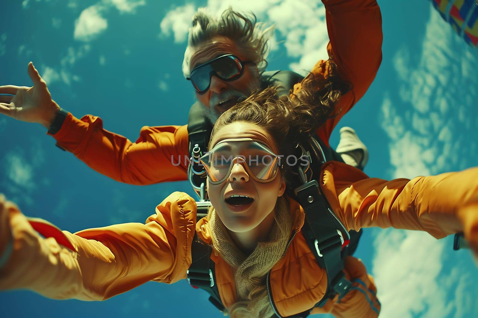 Portrait of two tandem skydivers in action parachuting through the air. High quality photo