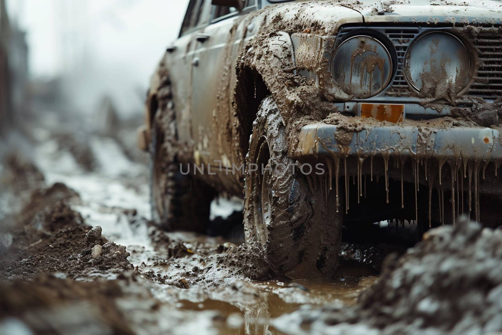 SUV wheel stalled in mud and water. by Andelov13