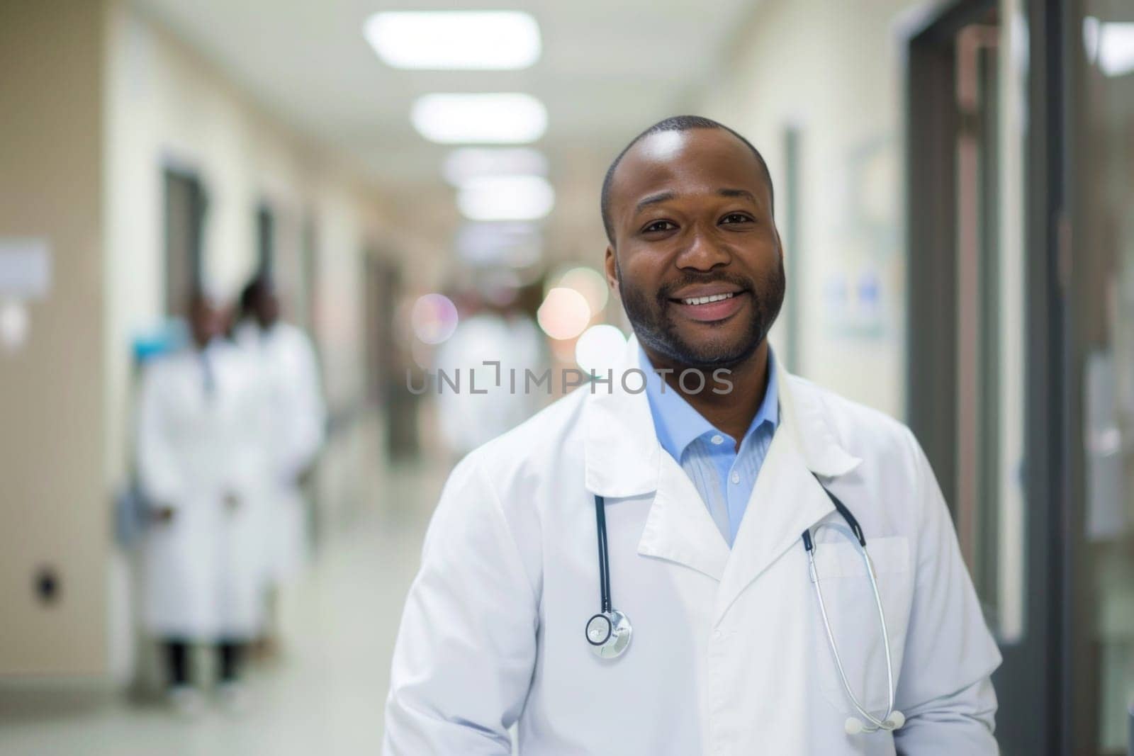 Black smiling doctor in a hospital hallway against the background of other blurred doctors.