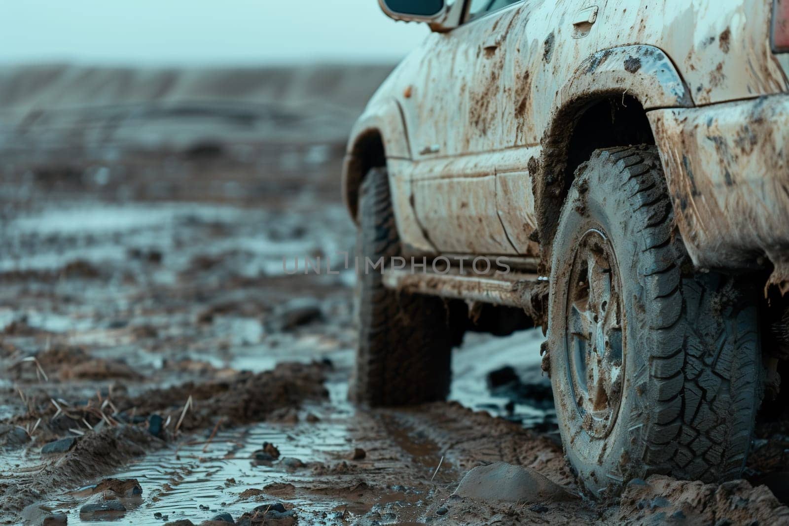 SUV wheel stalled in mud and water. High quality photo