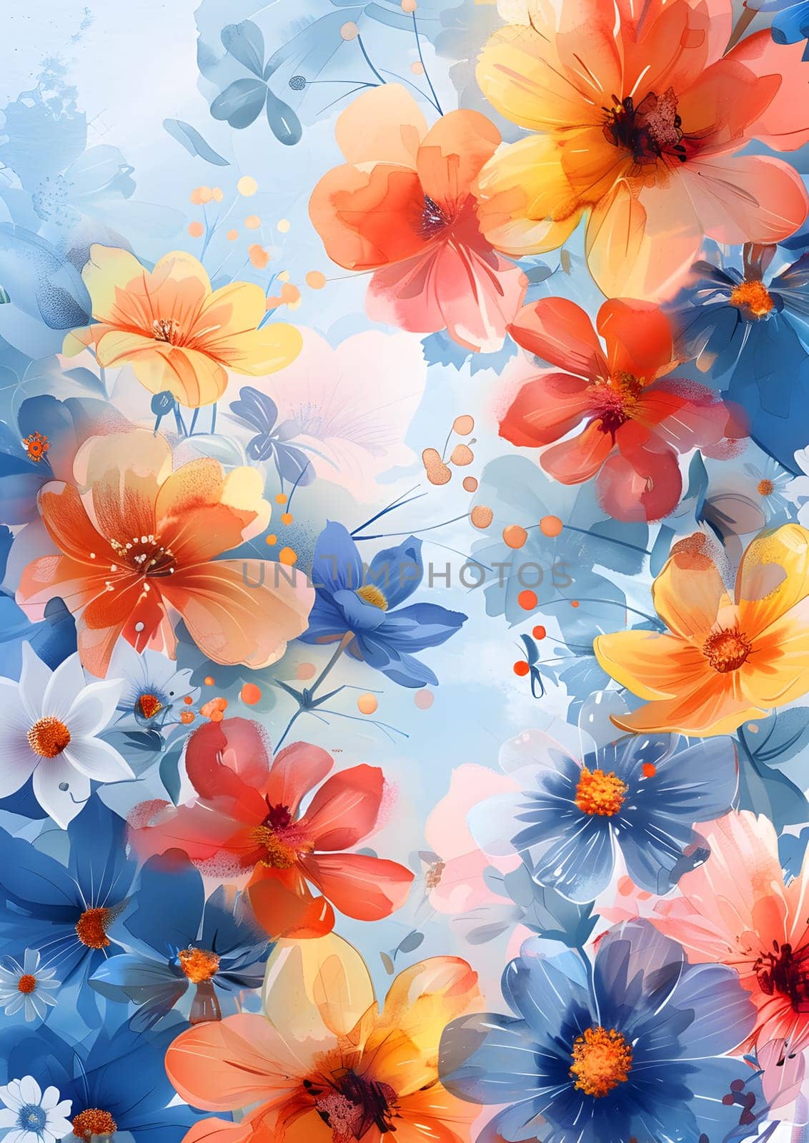 Vibrant flowers in shades of orange and azure bloom on a serene blue background, creating a stunning botanical art piece reminiscent of a cloudfilled sky