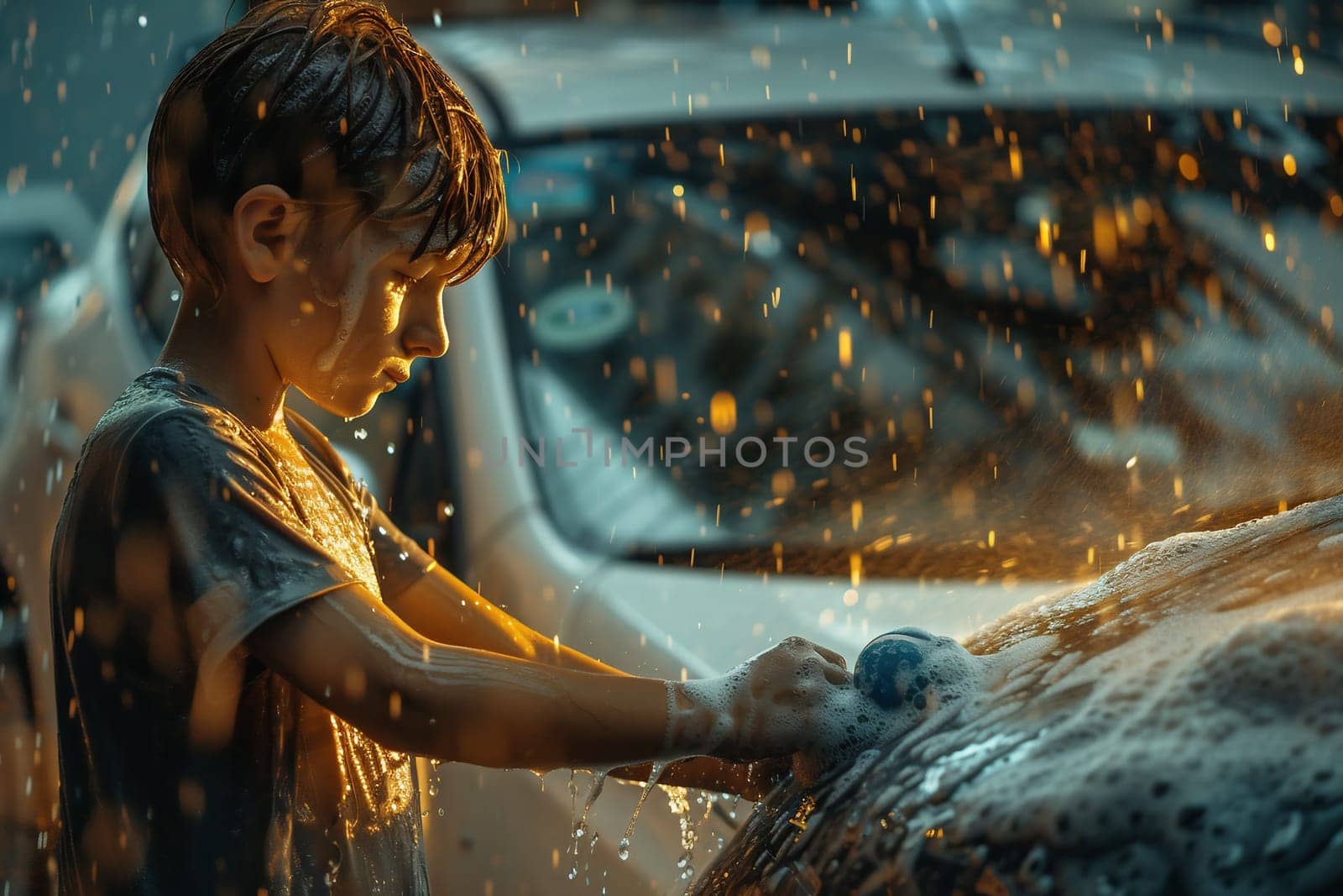 Closeup side view of a young boy washing car with sponge by Andelov13