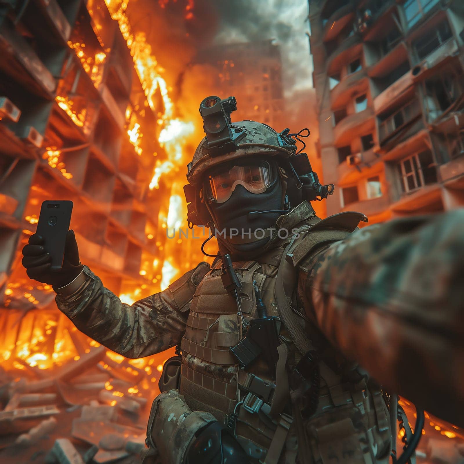 A soldier fights in a warforest area surrounded by fire by Andelov13