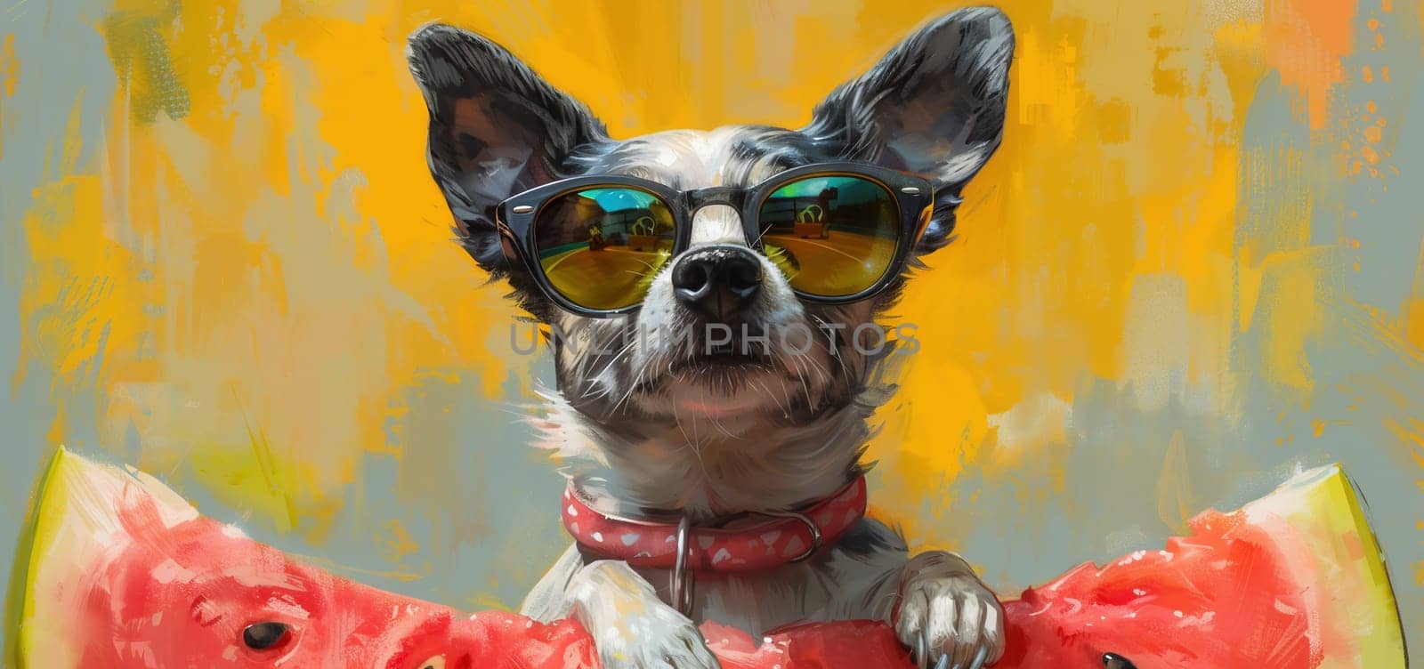 Smiling puppy wearing sunglasses holds a watermelon by Andelov13
