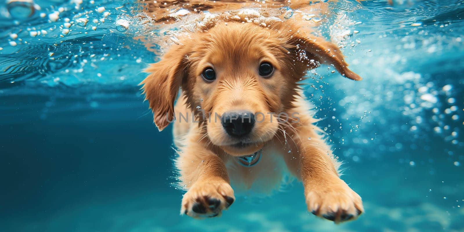 closeup wide angle underwater photo upshot of a dog underwater by Andelov13