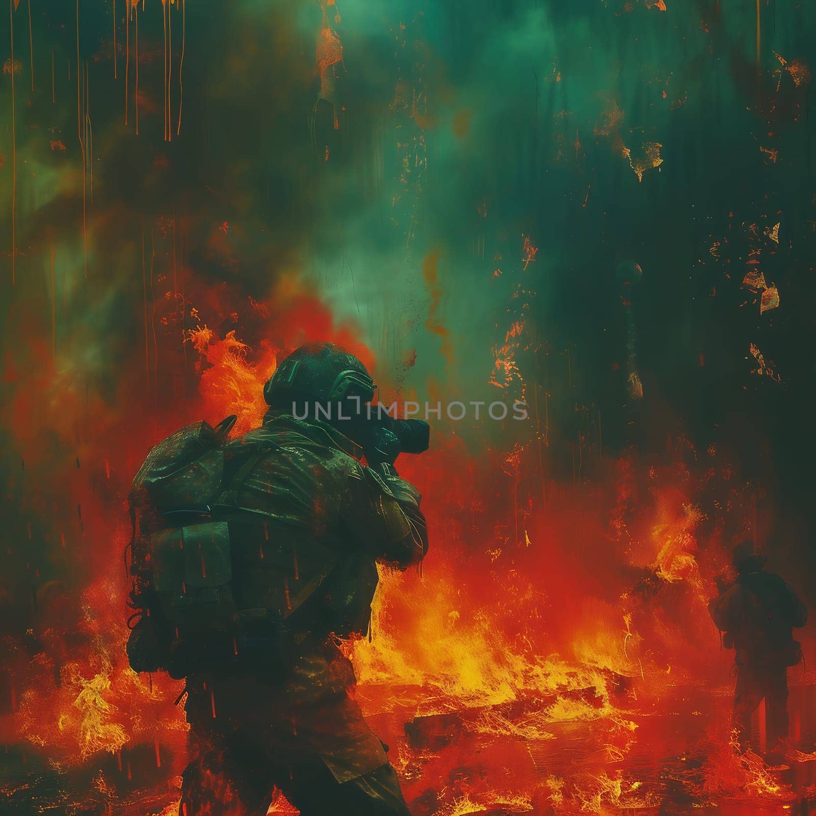 War in battlefield. Digital Art Illustration Painting. a soldier takes a picture by a burning moscow by Andelov13