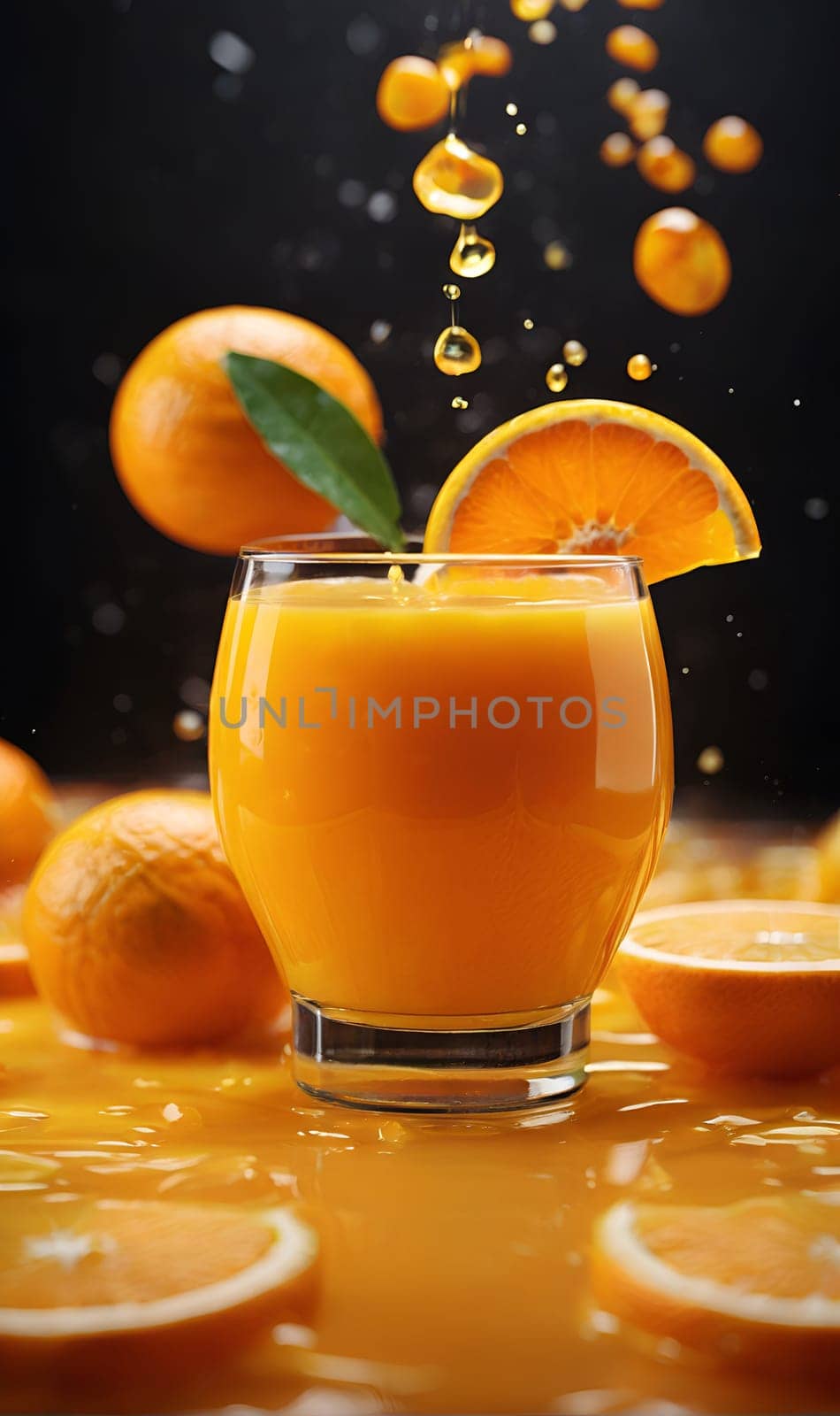 Orange juice and slices of ripe orange, a splash of juice