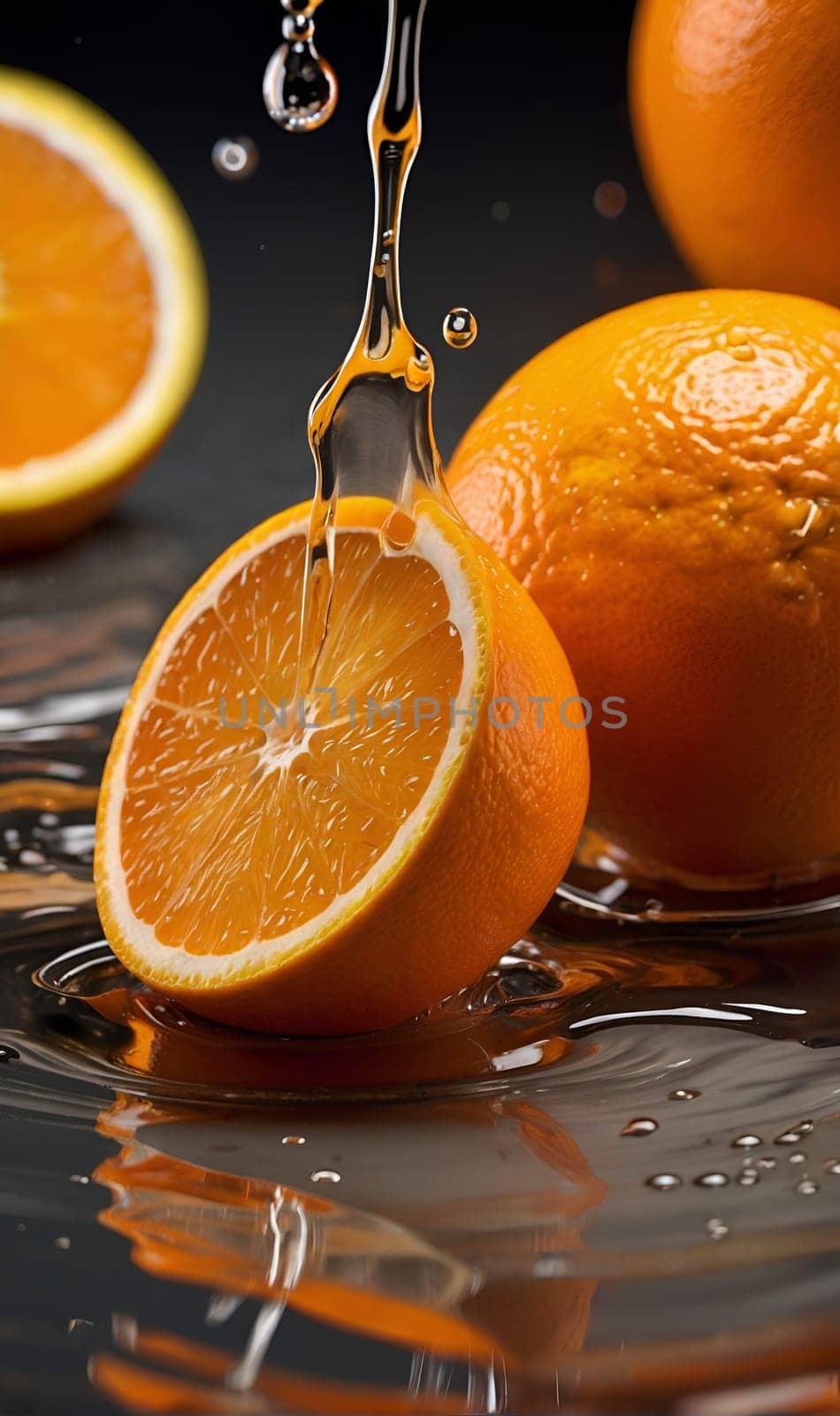 Orange juice and slices of ripe orange, a splash of juice by A_A