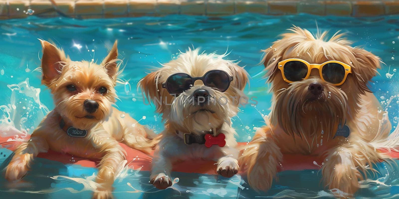 funny dogs puppy with sunglasses in the pool. High quality photo