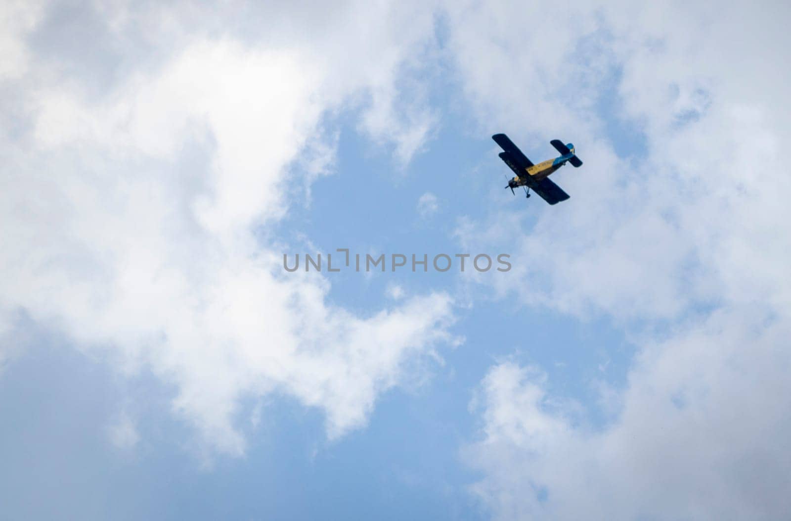 Shot of an old biplane and some birds in the sky