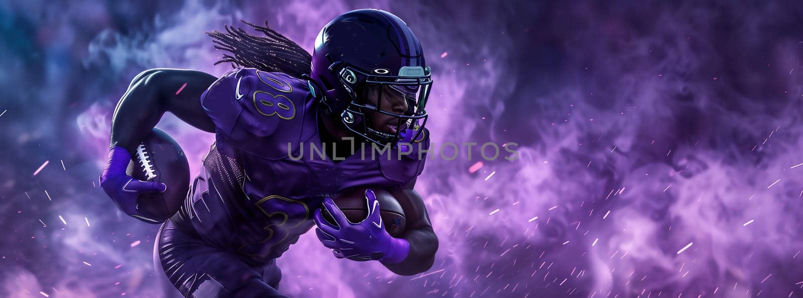 Drawing of an NFL player with a ball and a helmet on a colored background. For your design. High quality photo
