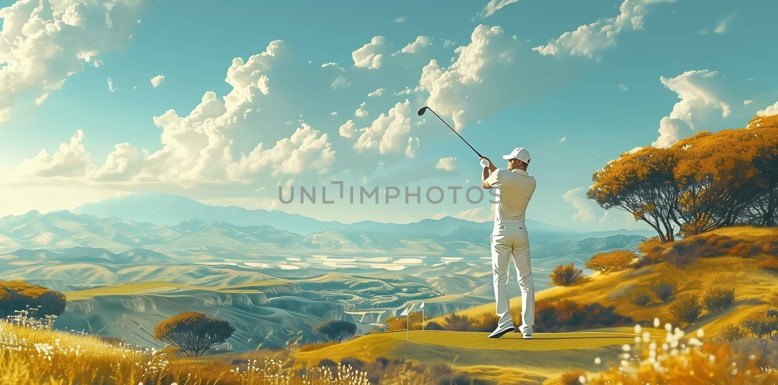 Golf Player in a orange shirt, standing with a bag of golf clubs on his back, on a golf course. High quality photo