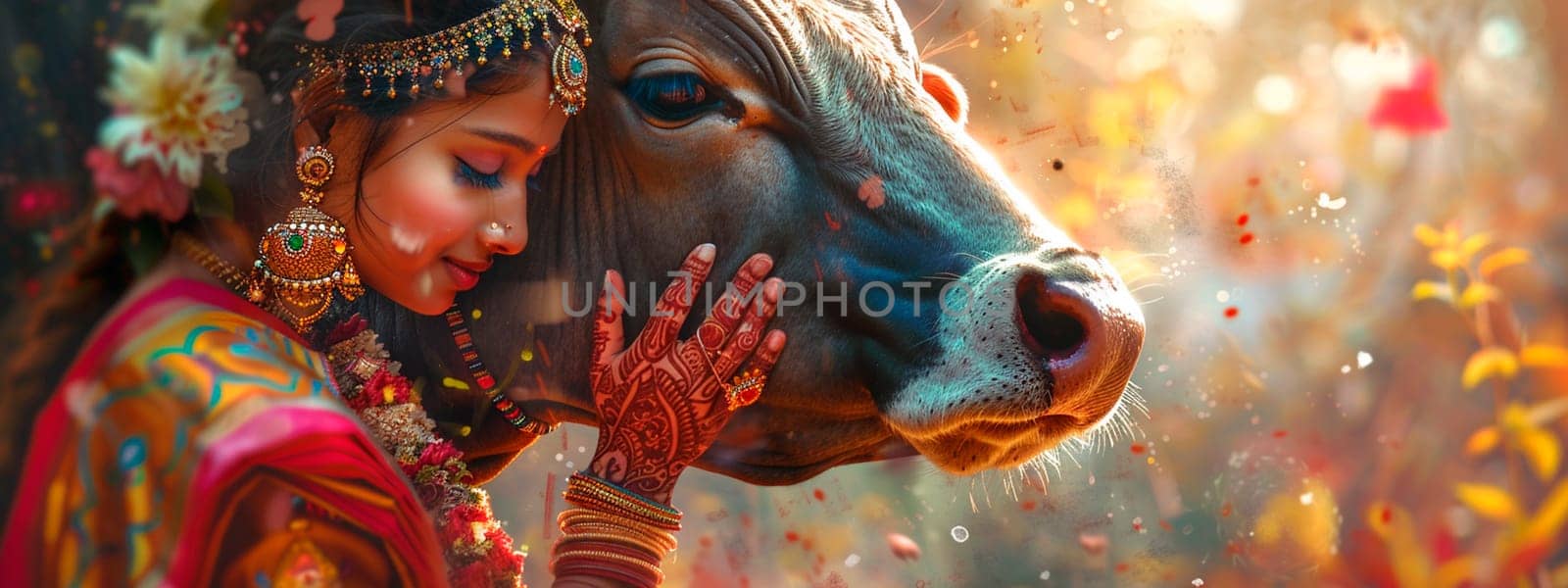 woman with an Indian cow. selective focus. by yanadjana