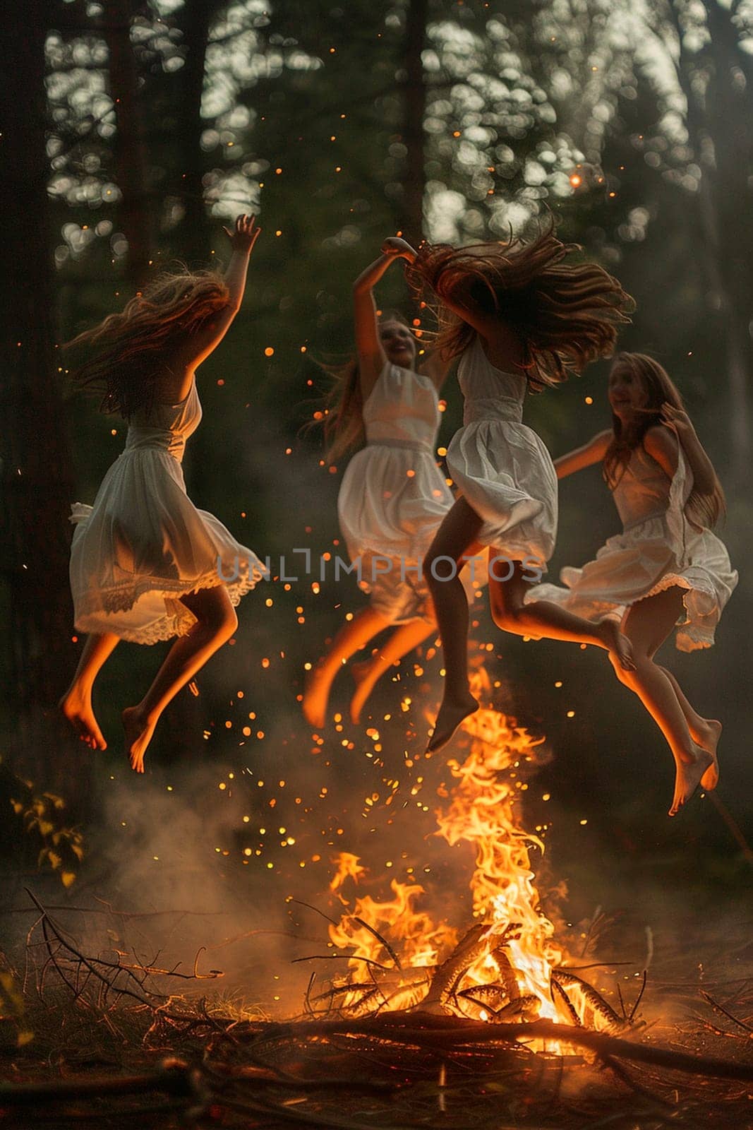 Ivan Kupala holiday girl jumps over the fire. selective focus. by yanadjana