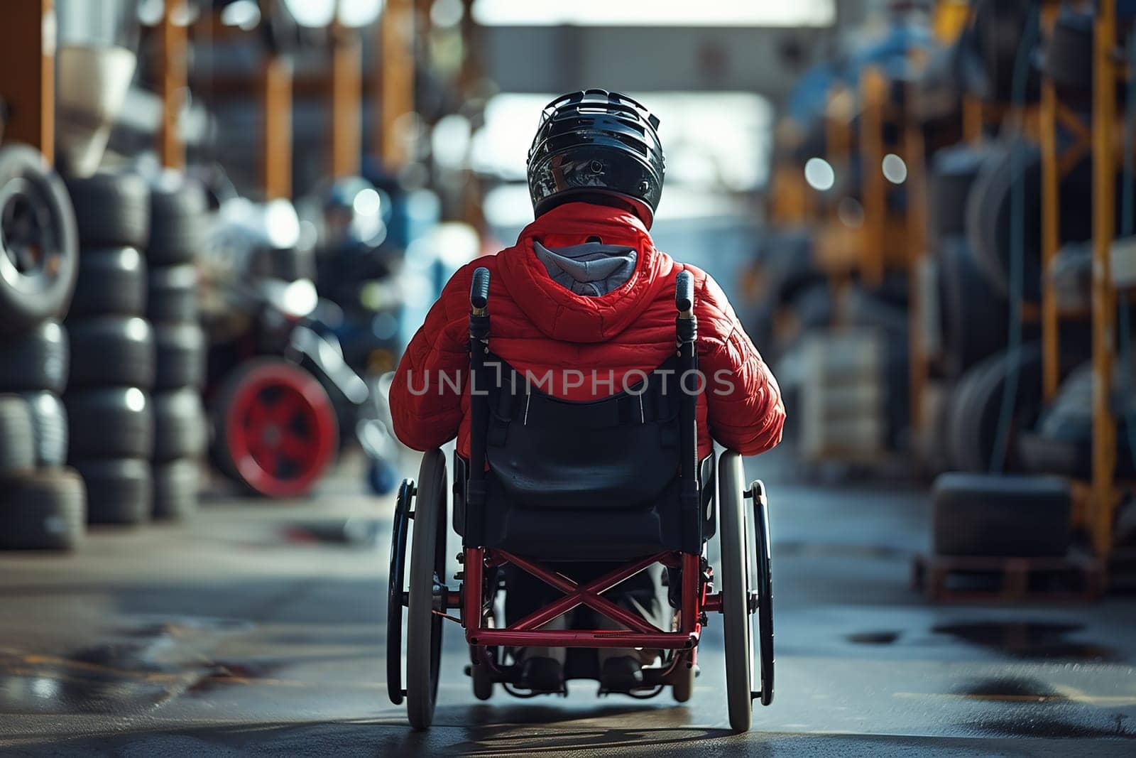 A man in overalls with a cyber helmet on his head, sitting in a wheelchair in an old apartment, high technology and a low standard of living of society, concept. High quality photo