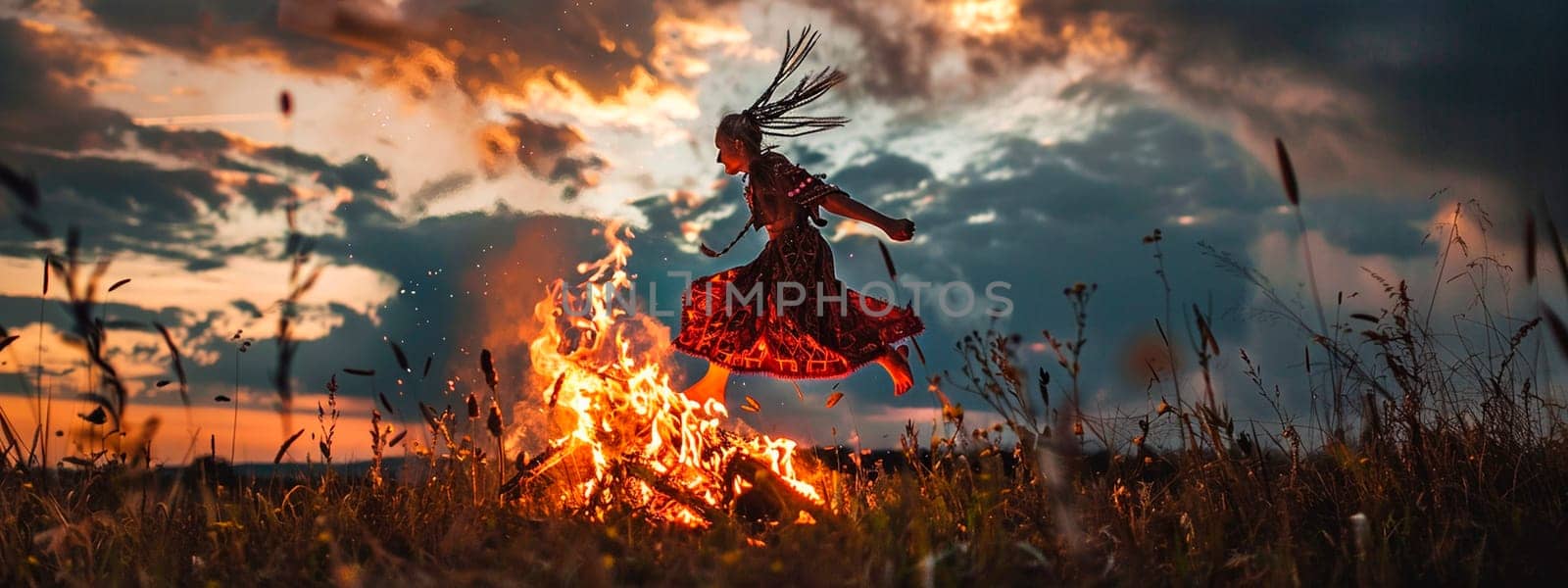 Ivan Kupala holiday girl jumps over the fire. selective focus. people.