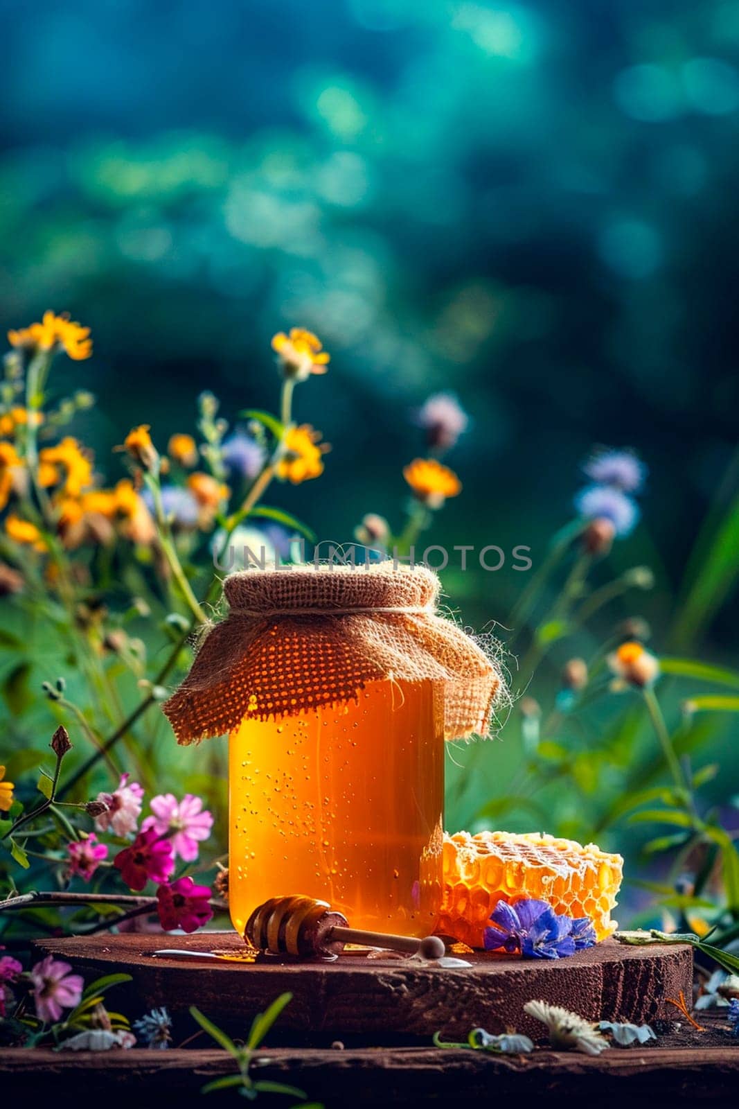 honey in a jar in the garden. selective focus. by yanadjana