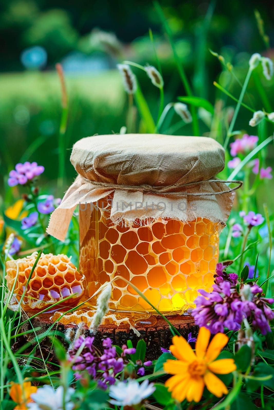 honey in a jar in the garden. selective focus. by yanadjana