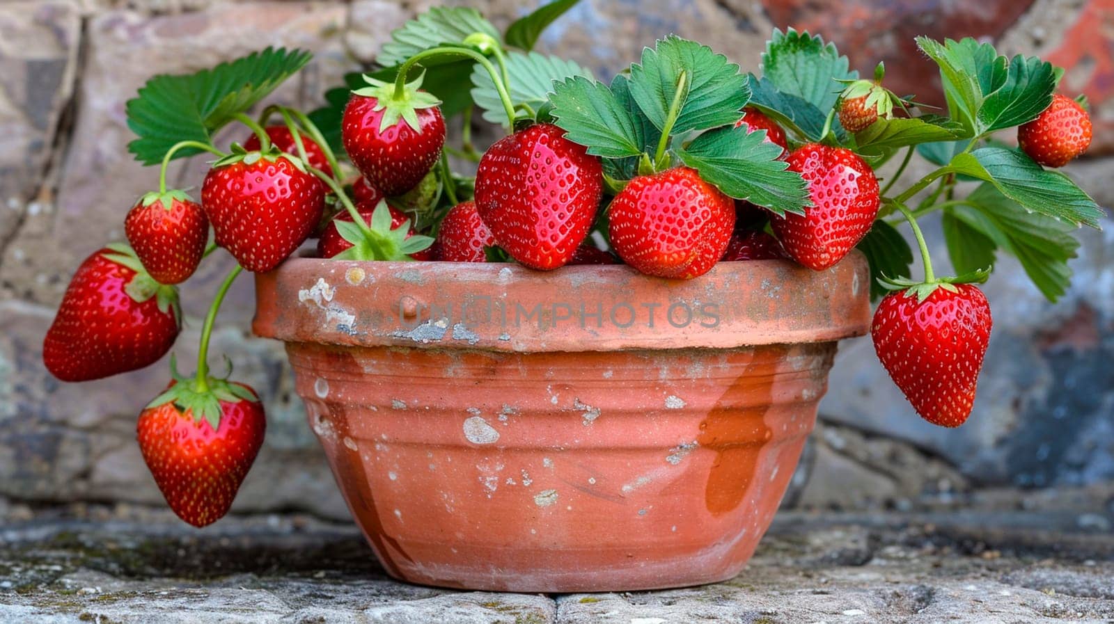 strawberries in a flowerpot on the window. selective focus. by yanadjana