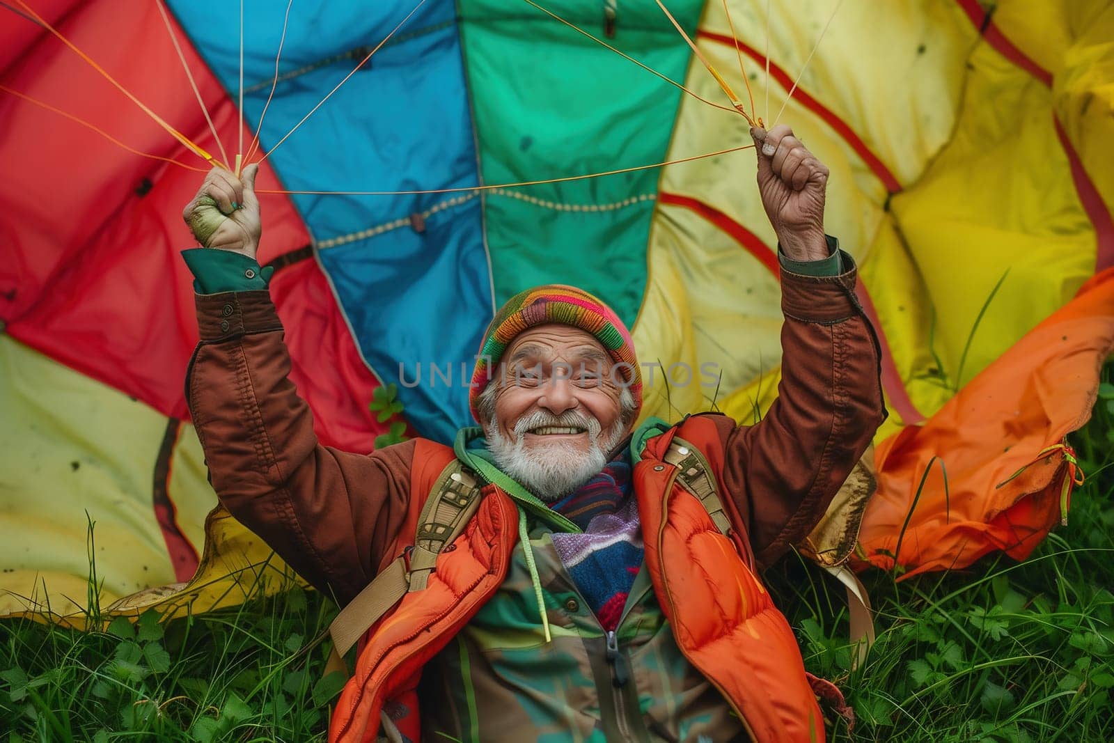 an older person is lying in the grass, holding an acrobatic parachute, in the style of joyful and optimistic, solarizing master, chalky, american, bold color blocks, candid shots, colorful turbulence.