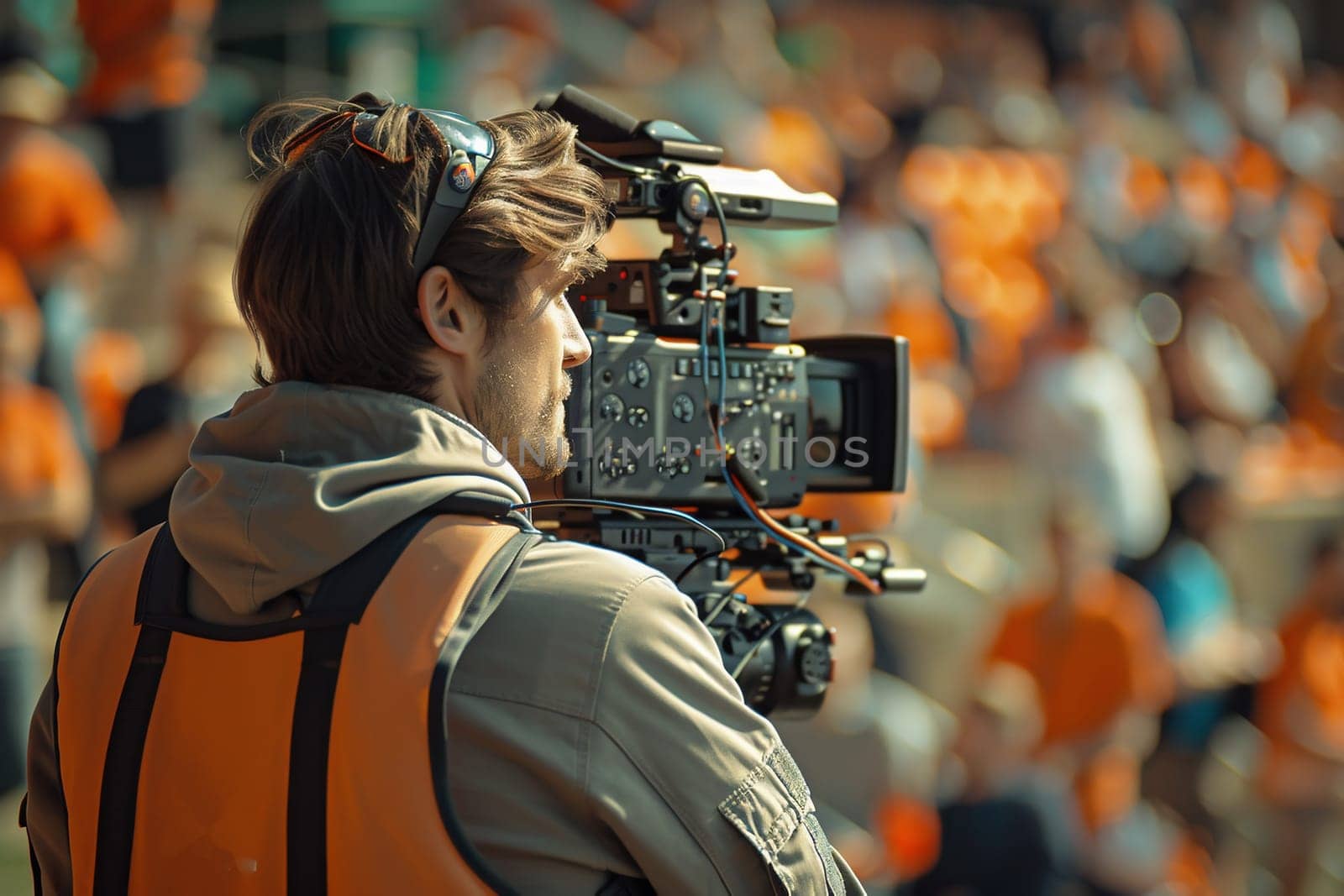 Video camera in film or movie production on tripod and professional gear which shooting in location or studio with crew team and beautiful prop or set and ready to online live broadcast or tv on air . High quality photo