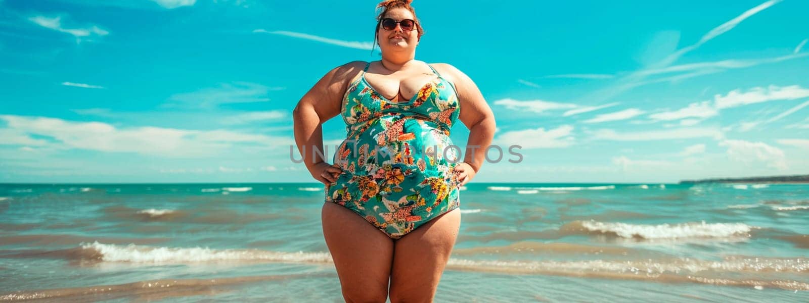 overweight woman on the beach. selective focus. people.