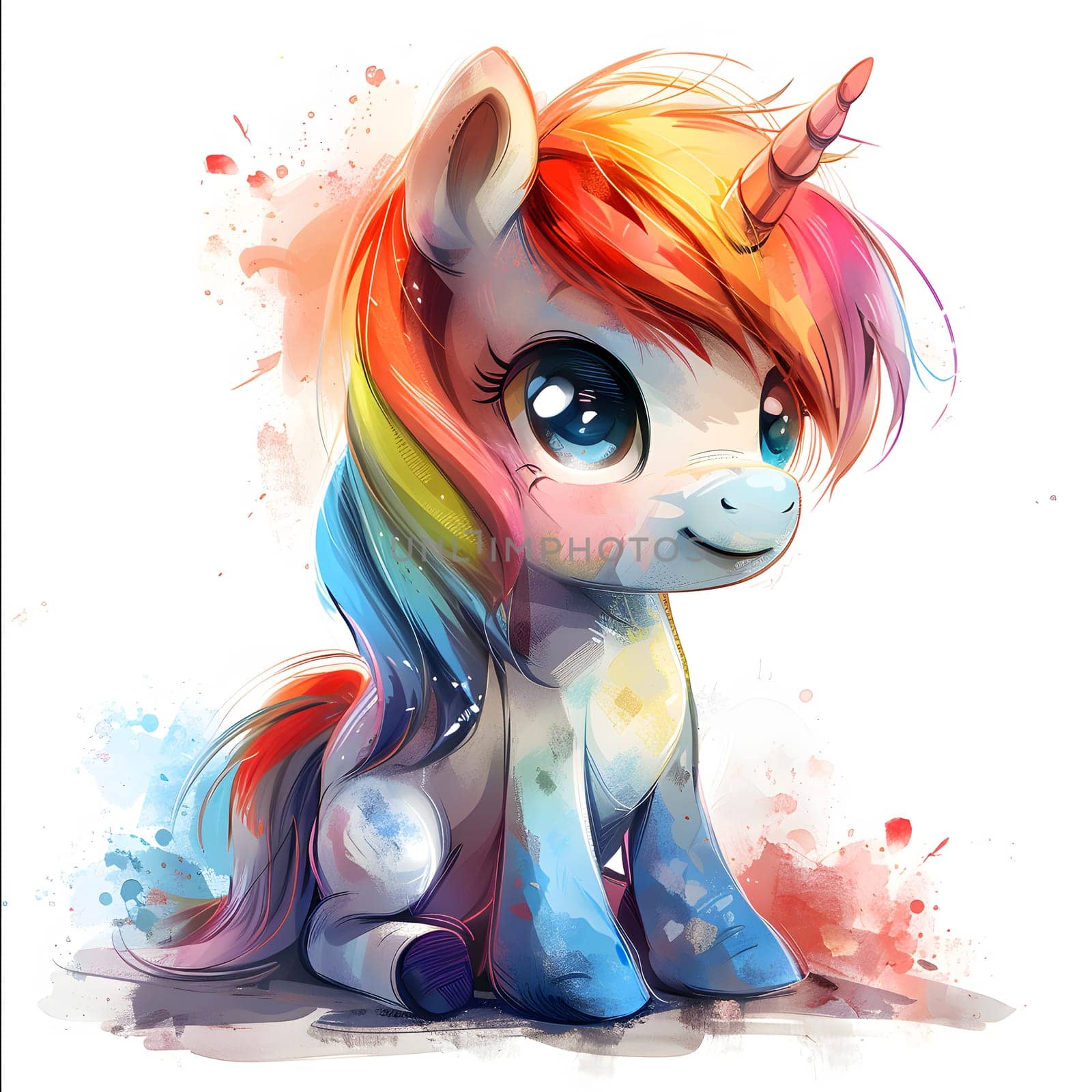 Cartoon unicorn with rainbow colors and horn on white background by Nadtochiy