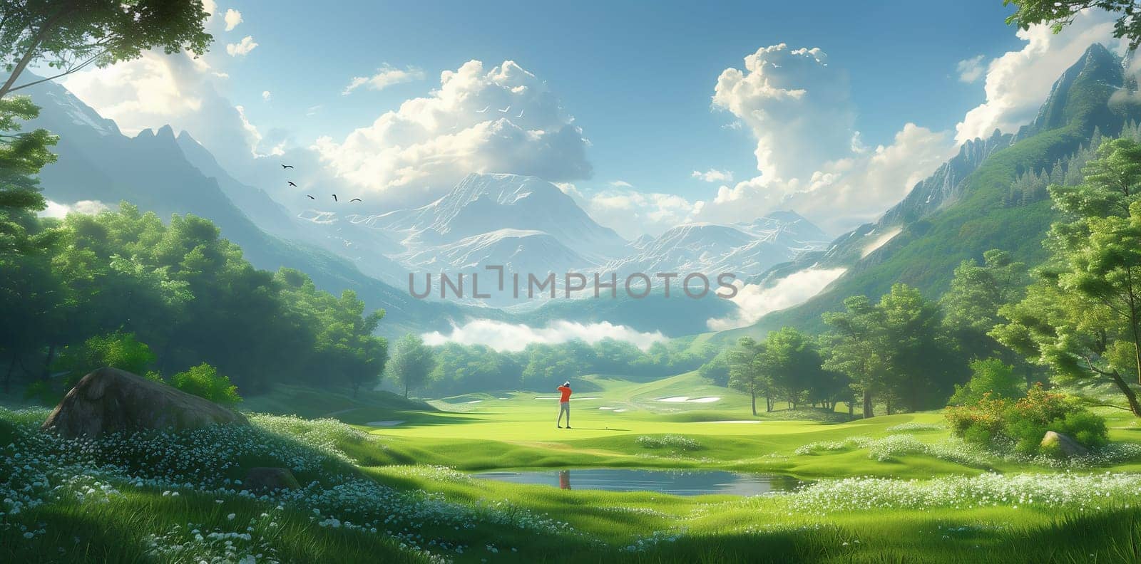Natural landscape in anime style illustration art. High quality photo