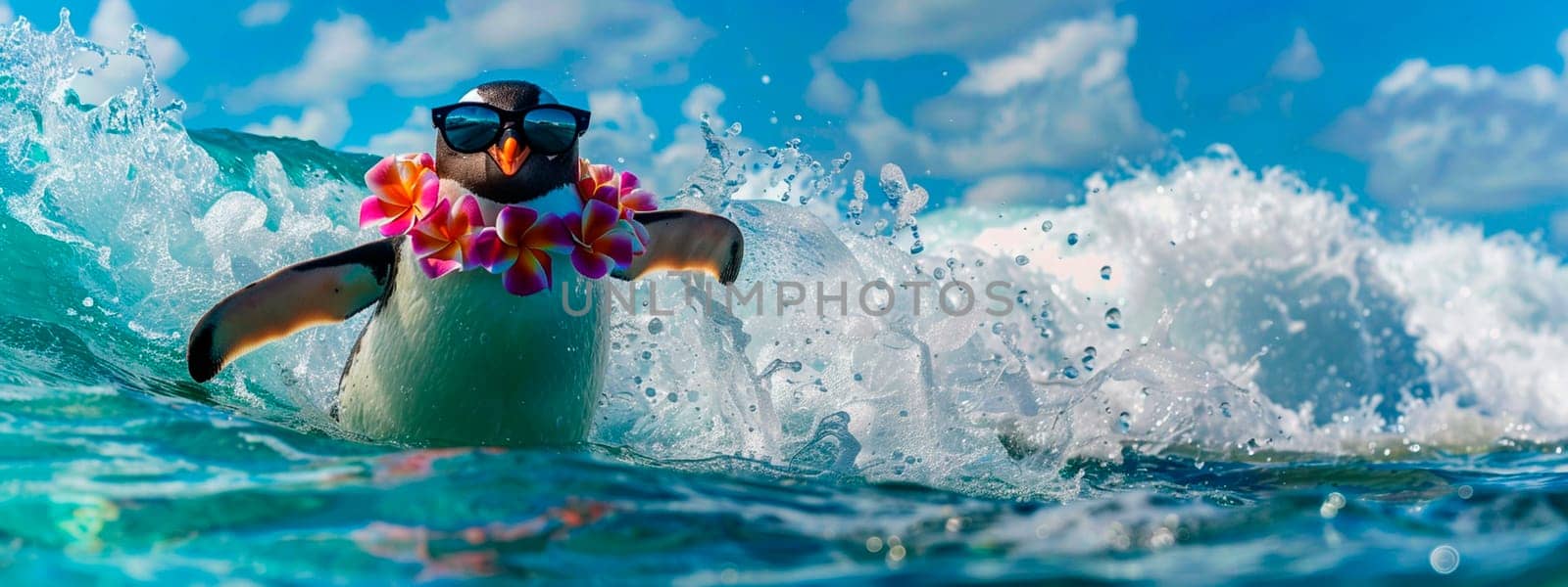 a penguin with glasses swims in the surf. selective focus. animal.