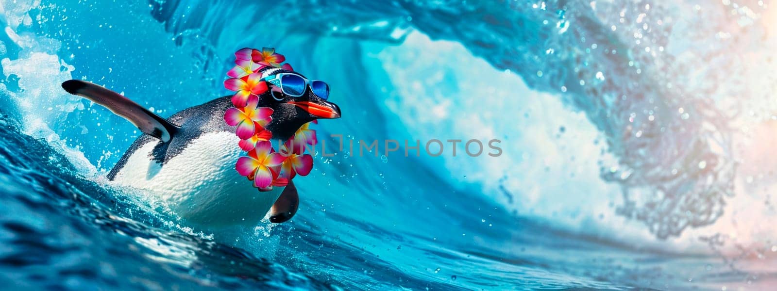 a penguin with glasses swims in the surf. selective focus. animal.