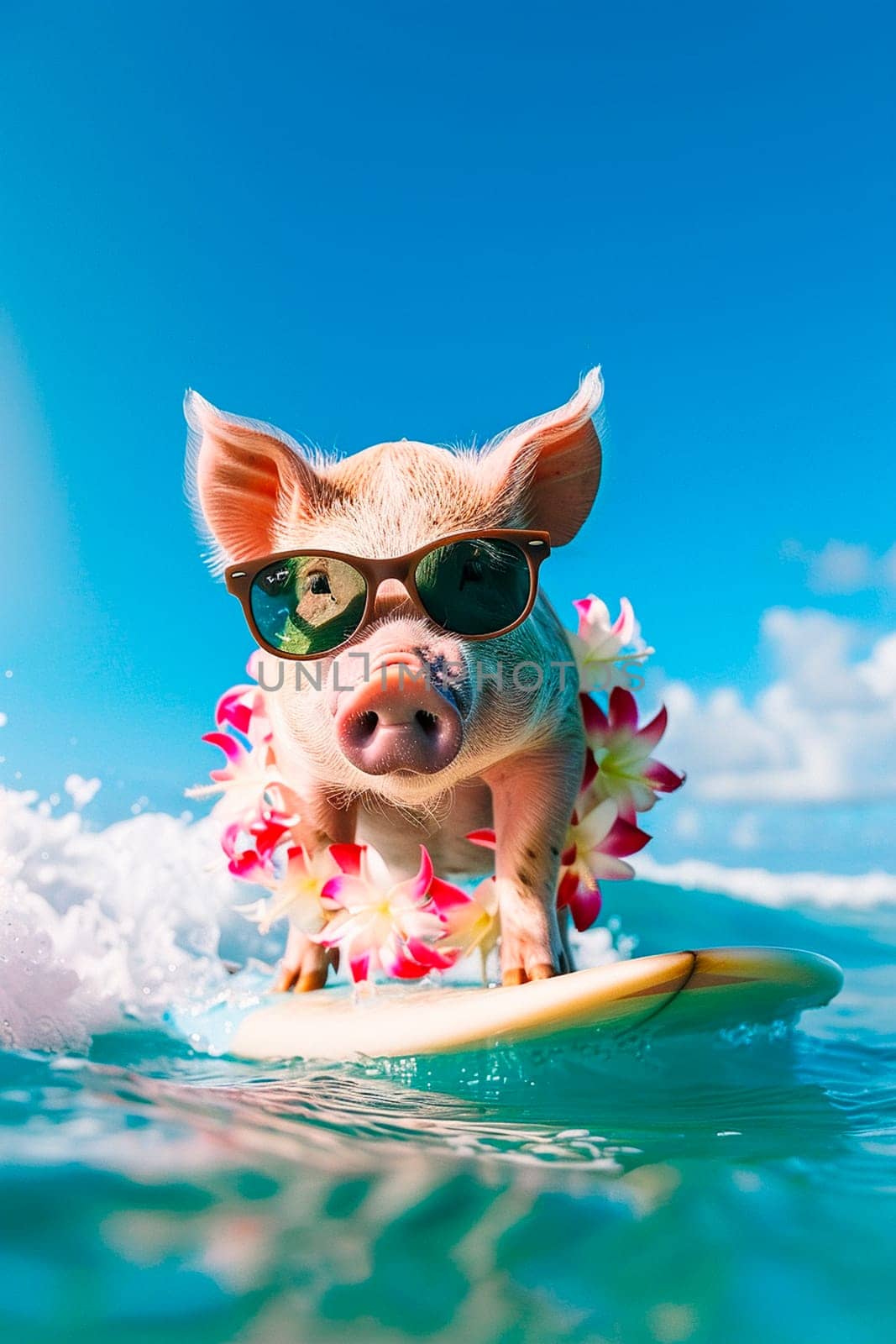 a piglet in glasses swims in the surf. selective focus. animal.