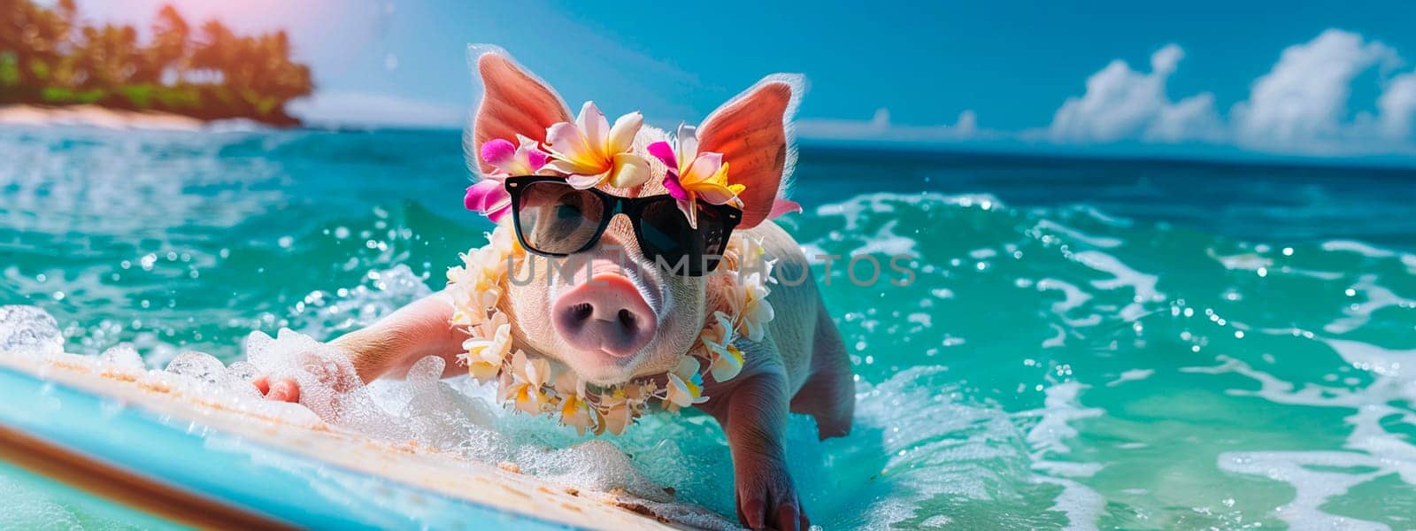 a piglet in glasses swims in the surf. selective focus. animal.