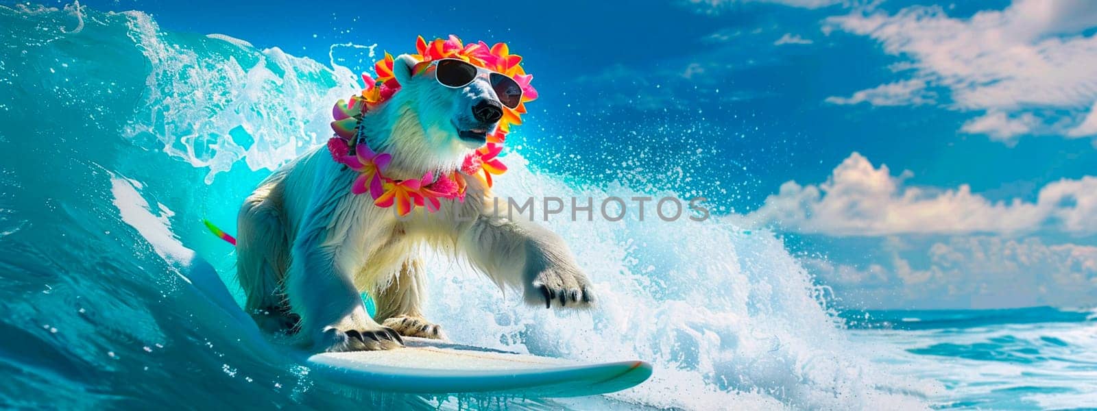 a polar bear with glasses swims on the surf. selective focus. people.