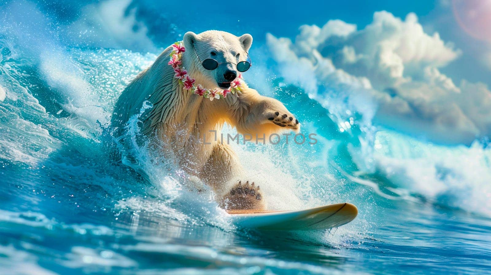 a polar bear with glasses swims on the surf. selective focus. people.