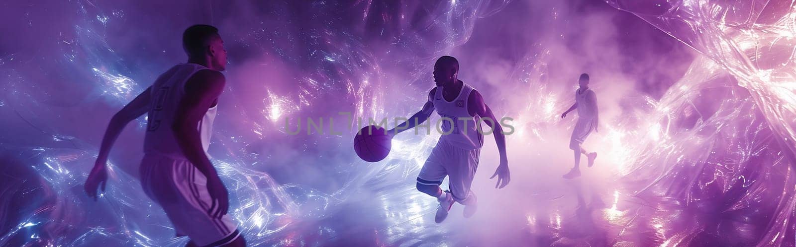 Basketball player players in action on smoke background. Sport banner, flyer by Andelov13
