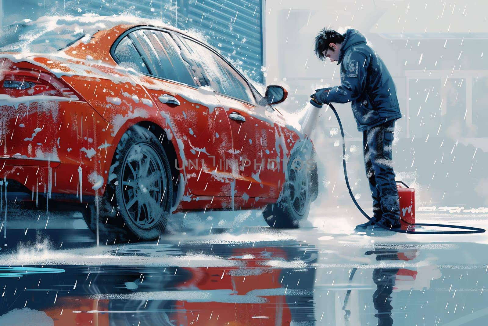 Hand washing with high pressure water, spraying water on the car. Self-service car wash. High quality photo