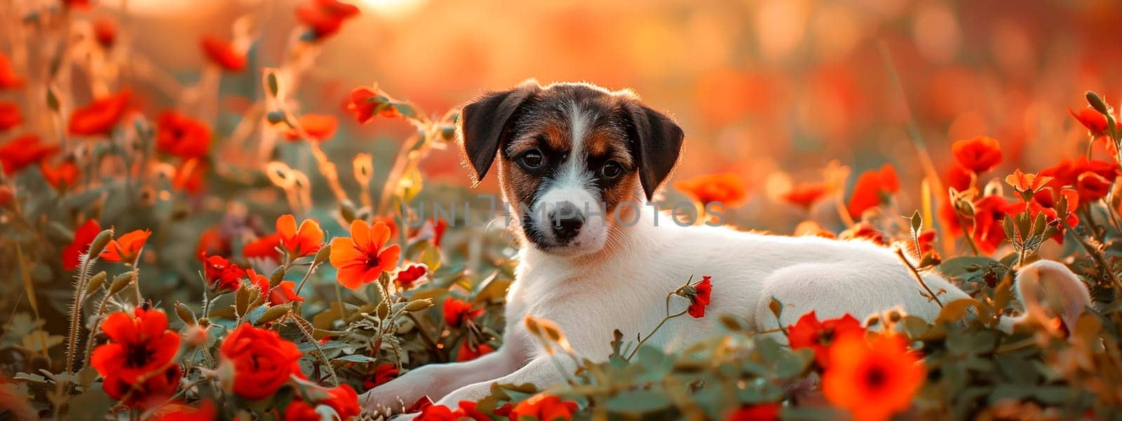 puppy on the lawn of flowers. selective focus. animal.