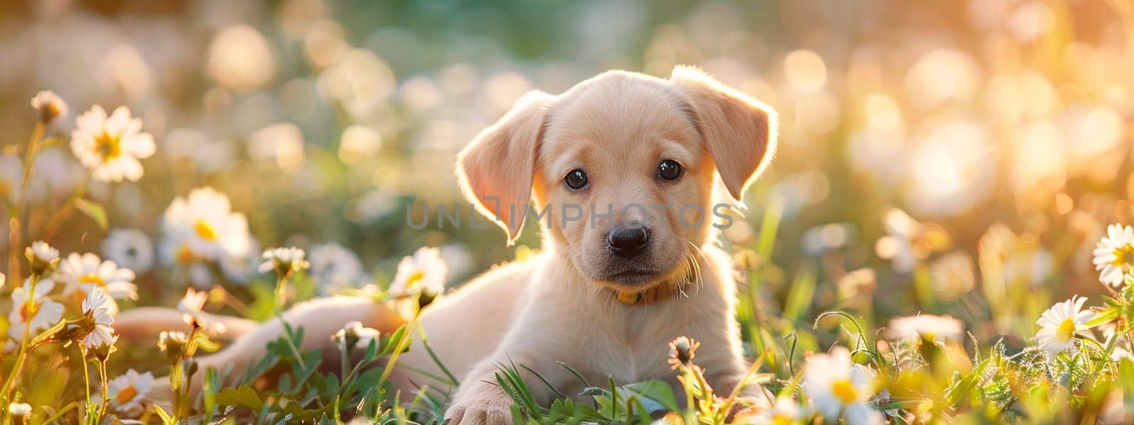 puppy on the lawn of flowers. selective focus. animal.