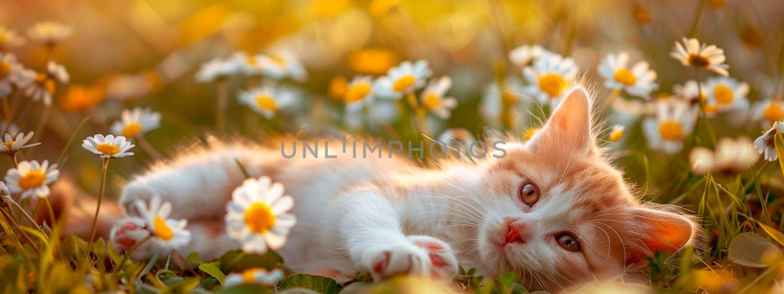 cat on the lawn of flowers. selective focus. animal.