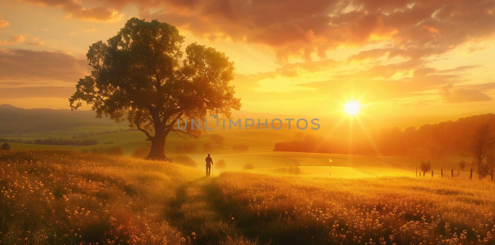 Sunset Sunrise In Misty Autumn Meadow Landscape With Lonely Tree. Sun Sunshine With Natural Sunlight Through Wood Tree In Morning. Scenic View. Autumn Nature. Panoramic View. by Andelov13