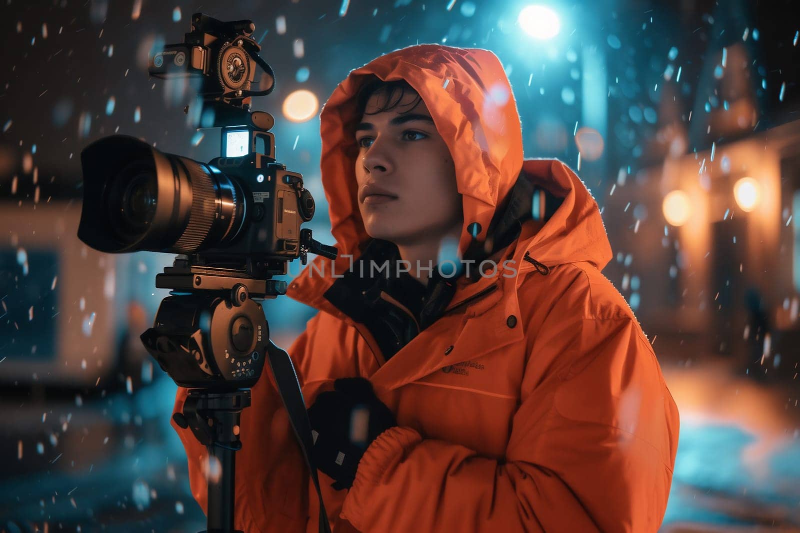 Video camera in film or movie production on tripod and professional gear which shooting in location or studio with crew team and beautiful prop or set and ready to online live broadcast or tv on air . High quality photo