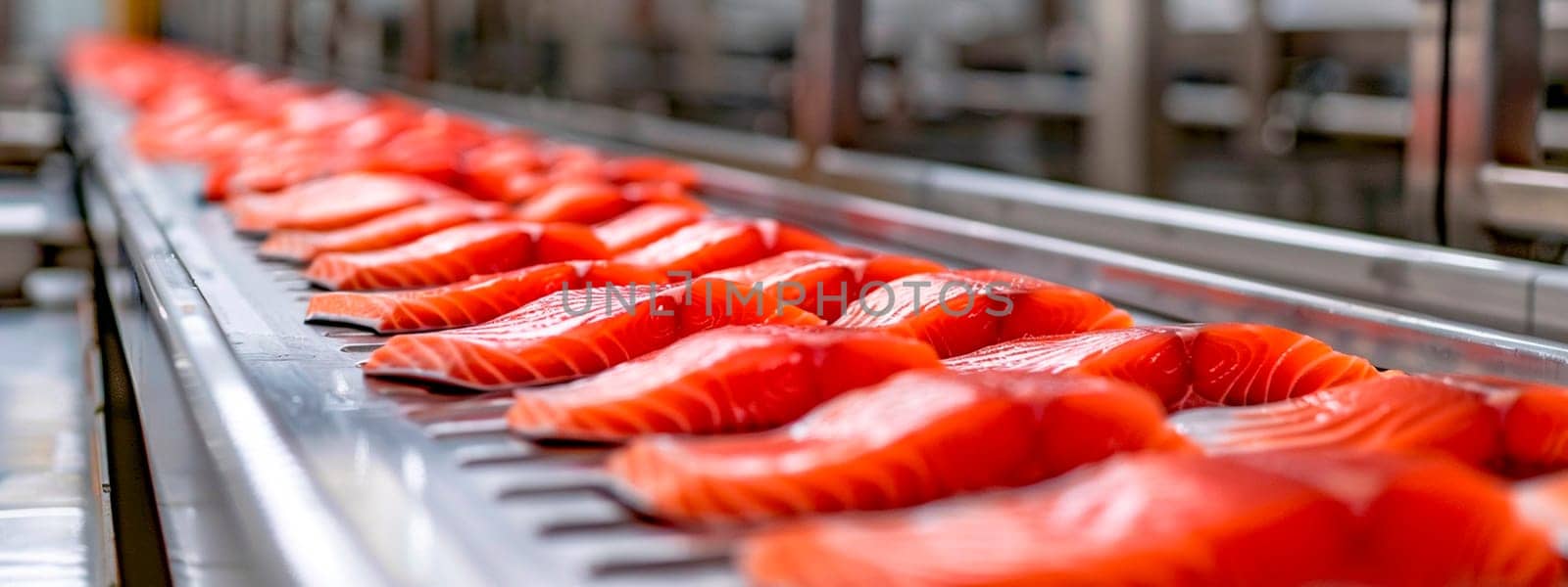 pieces of red fish in the factory industry. selective focus. food.