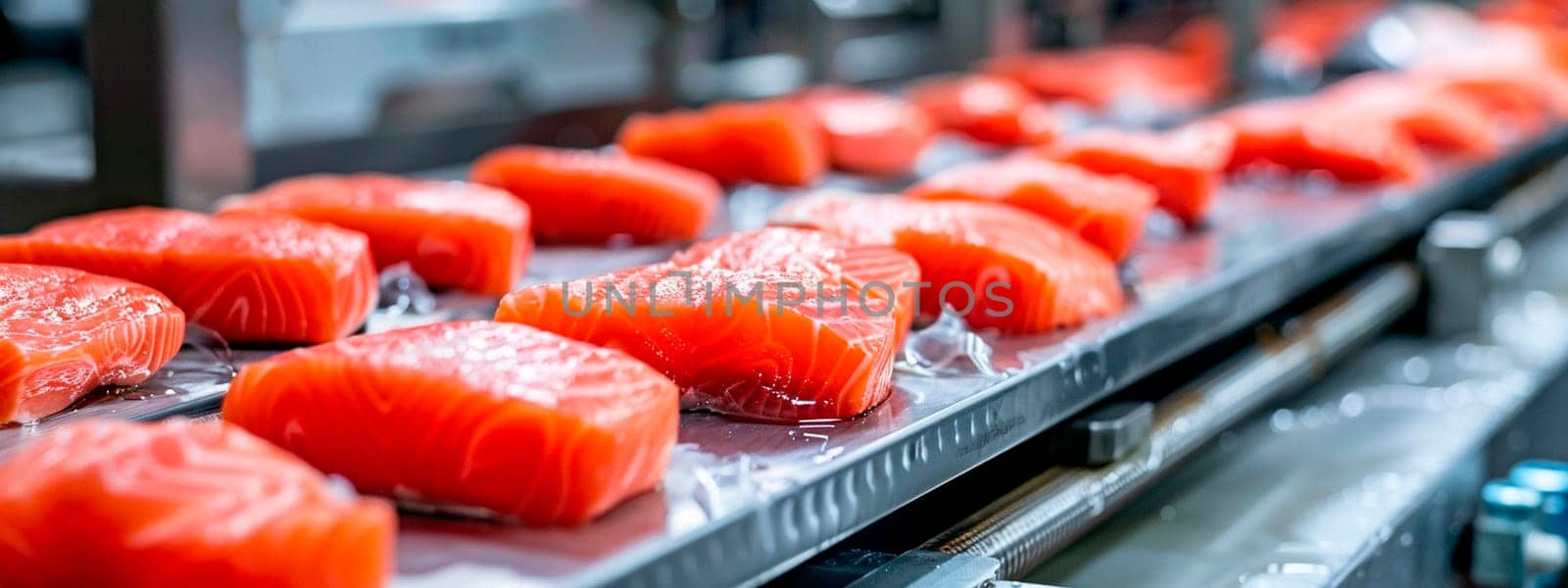 pieces of red fish in the factory industry. selective focus. by yanadjana
