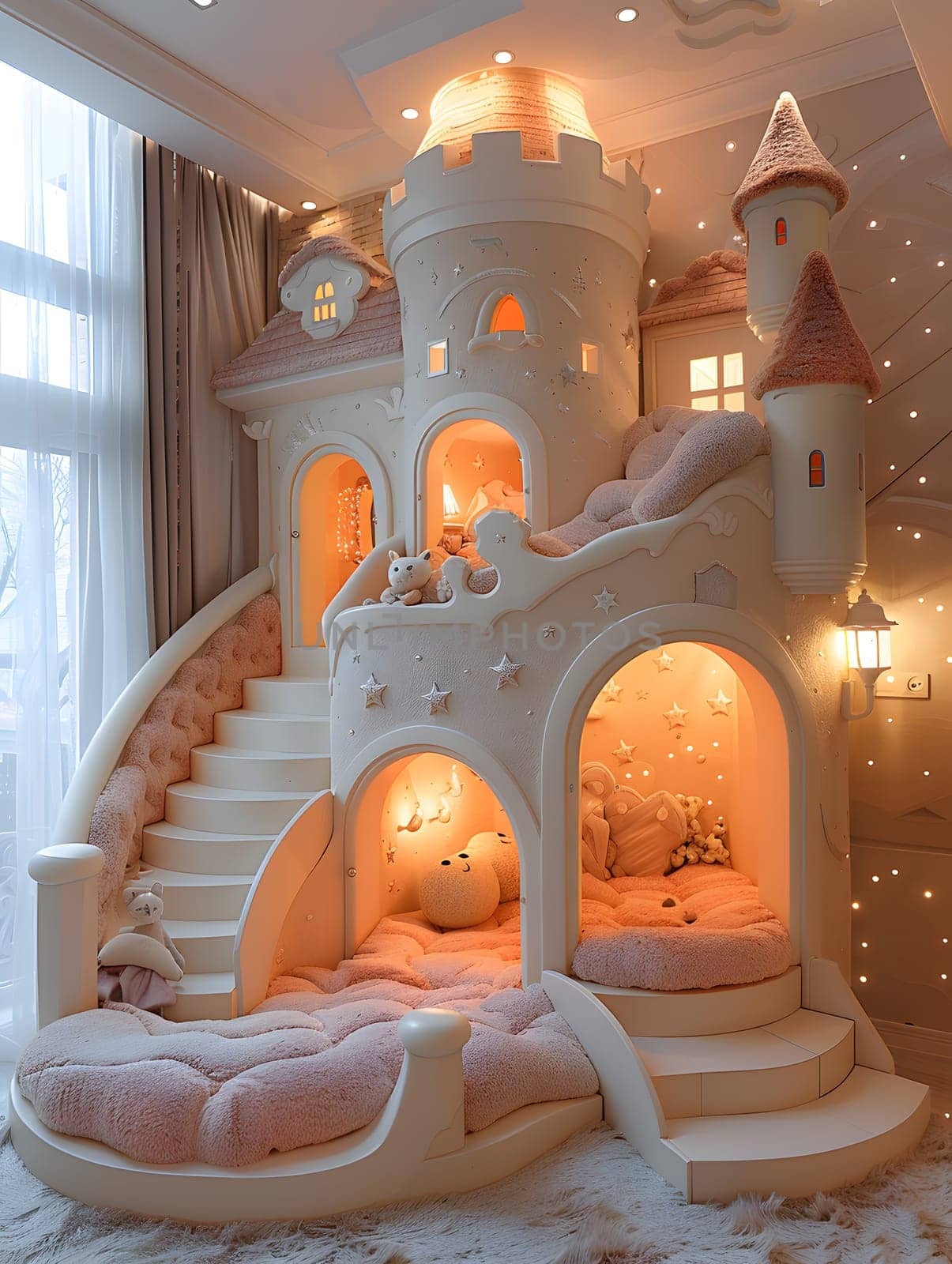 A castleshaped bed made of wood with stairs and a slide, complete with brick detailing and arches. Perfect for a childs room, adding a touch of magic and playfulness to the interior design