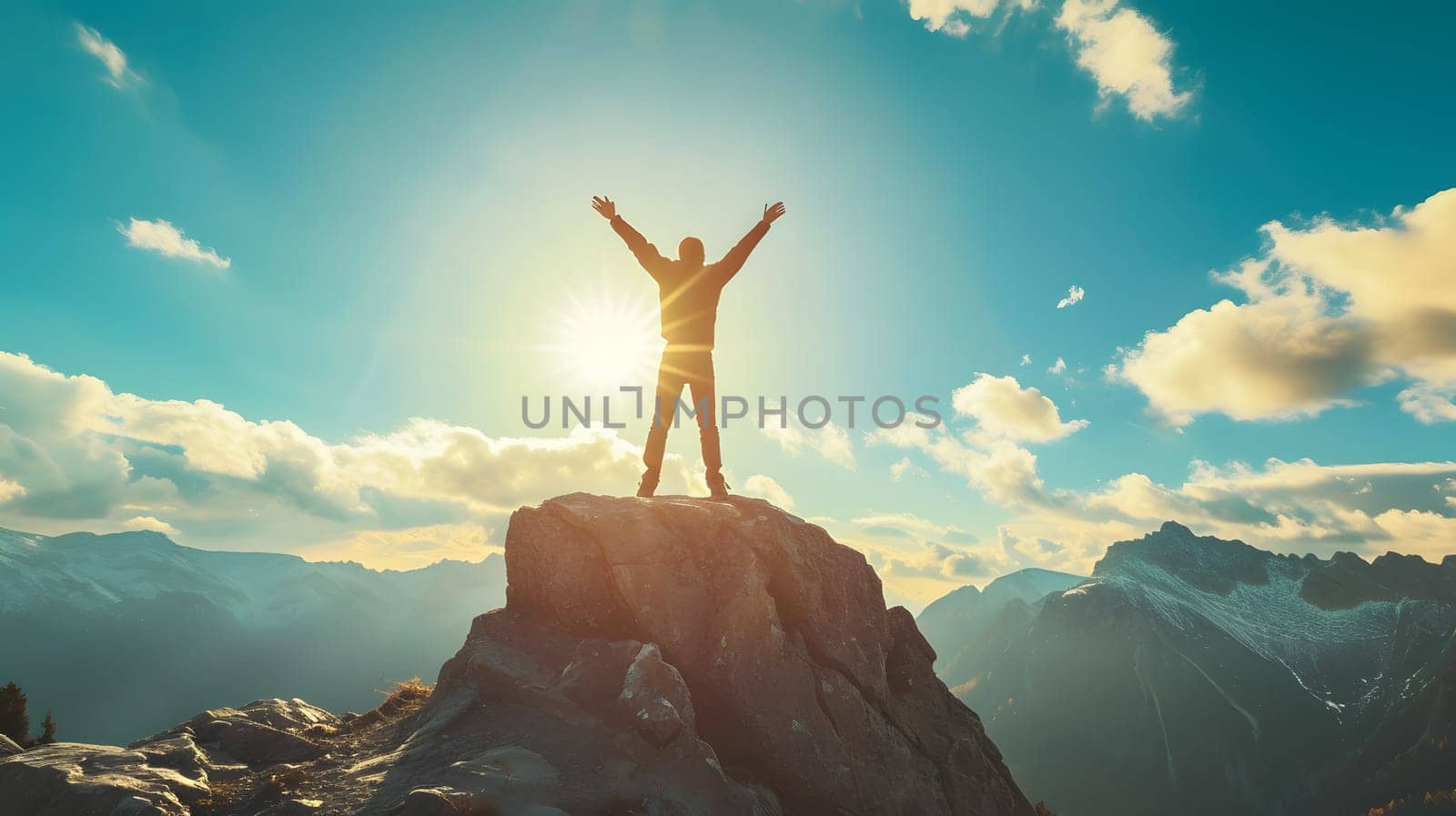 man silhouette on top of the mountain, generative ai. High quality photo
