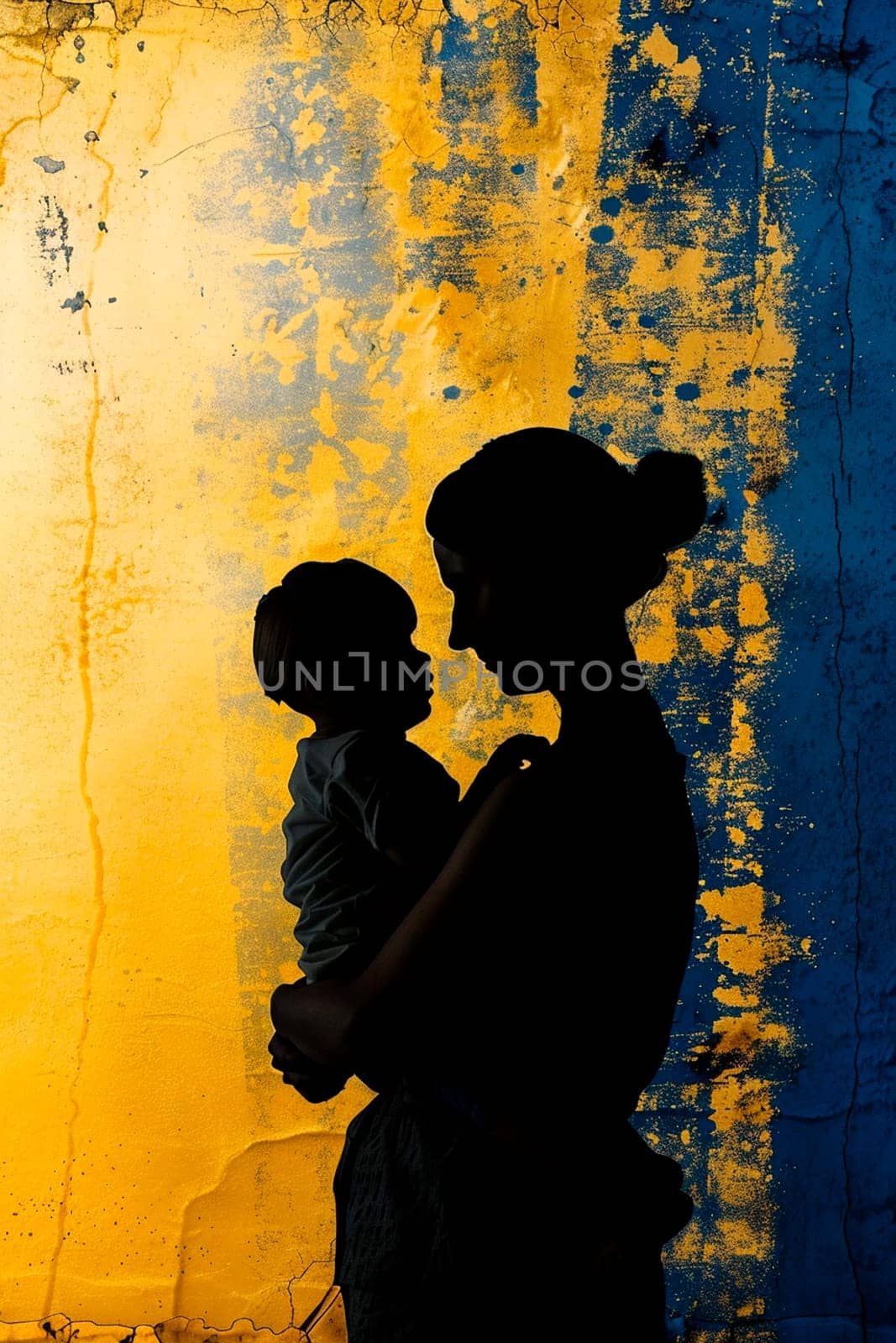 mother with child against the background of the flag of Ukraine. selective focus. by yanadjana