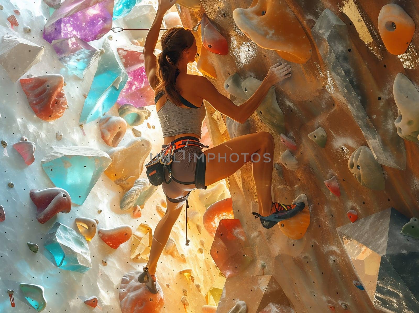 woman with safety rope doing sport climbing at a mountain wall. High quality photo