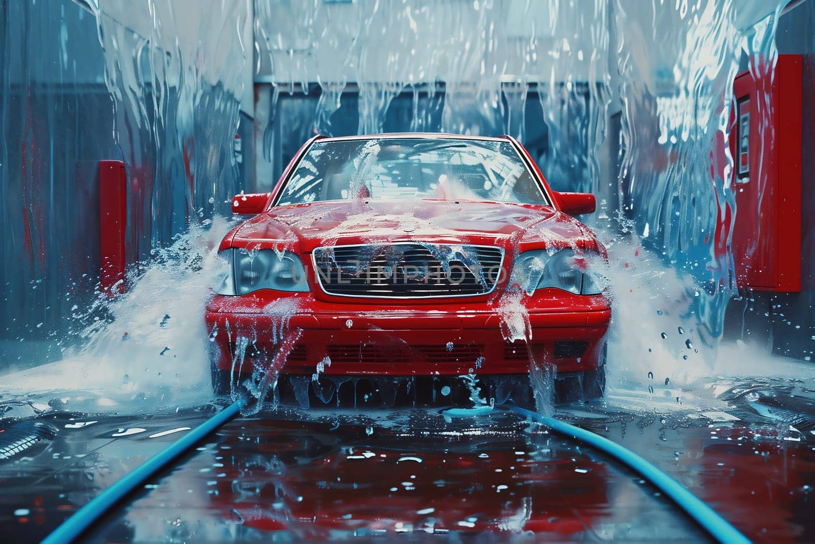 A car running through an automatic car wash with brushes and water hitting the vehicle. by Andelov13